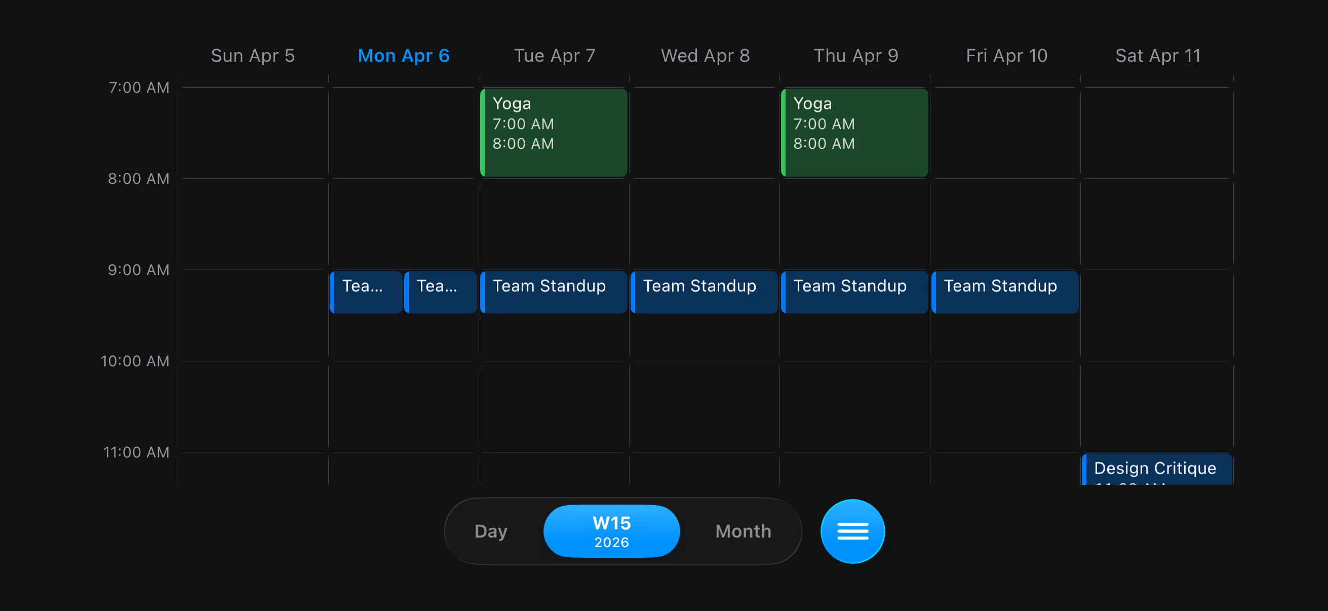 Landscape week view — Time Grid